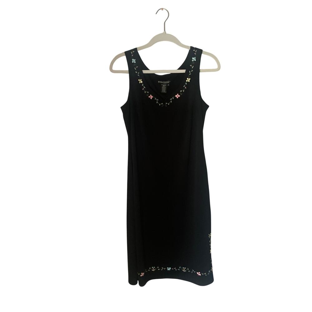 Vintage BCBG Embroidered Floral Black Midi Dress Sleeveless Size M